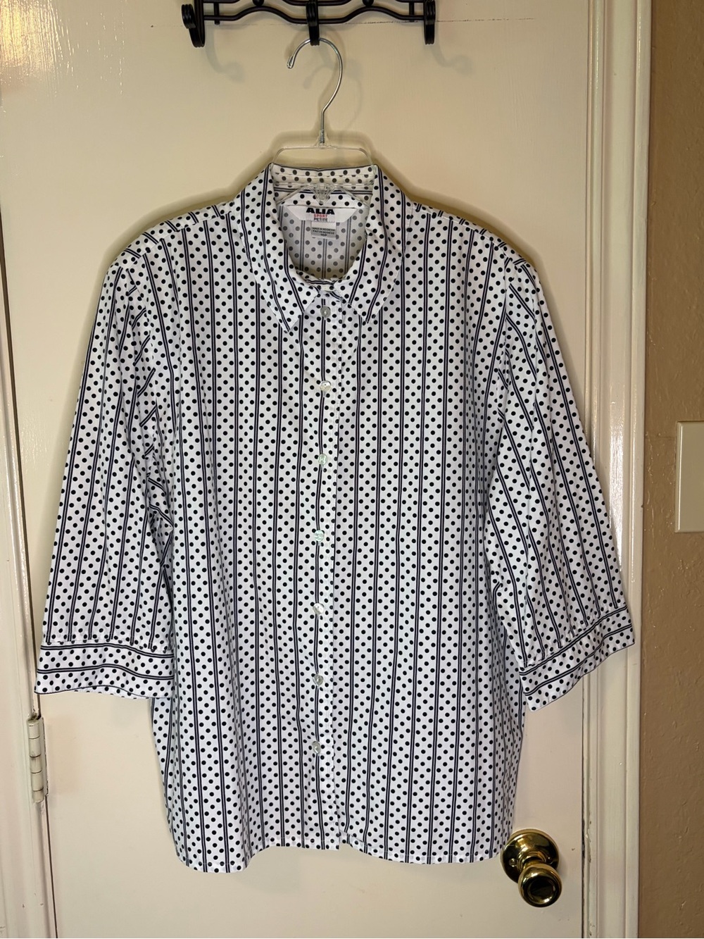 Alia White Button-Down Shirt with Black Dots & Vertical Stripes